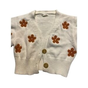 BaeVely Cream Floral Embroidered Puff Sleeve Cropped Cardigan Sweater